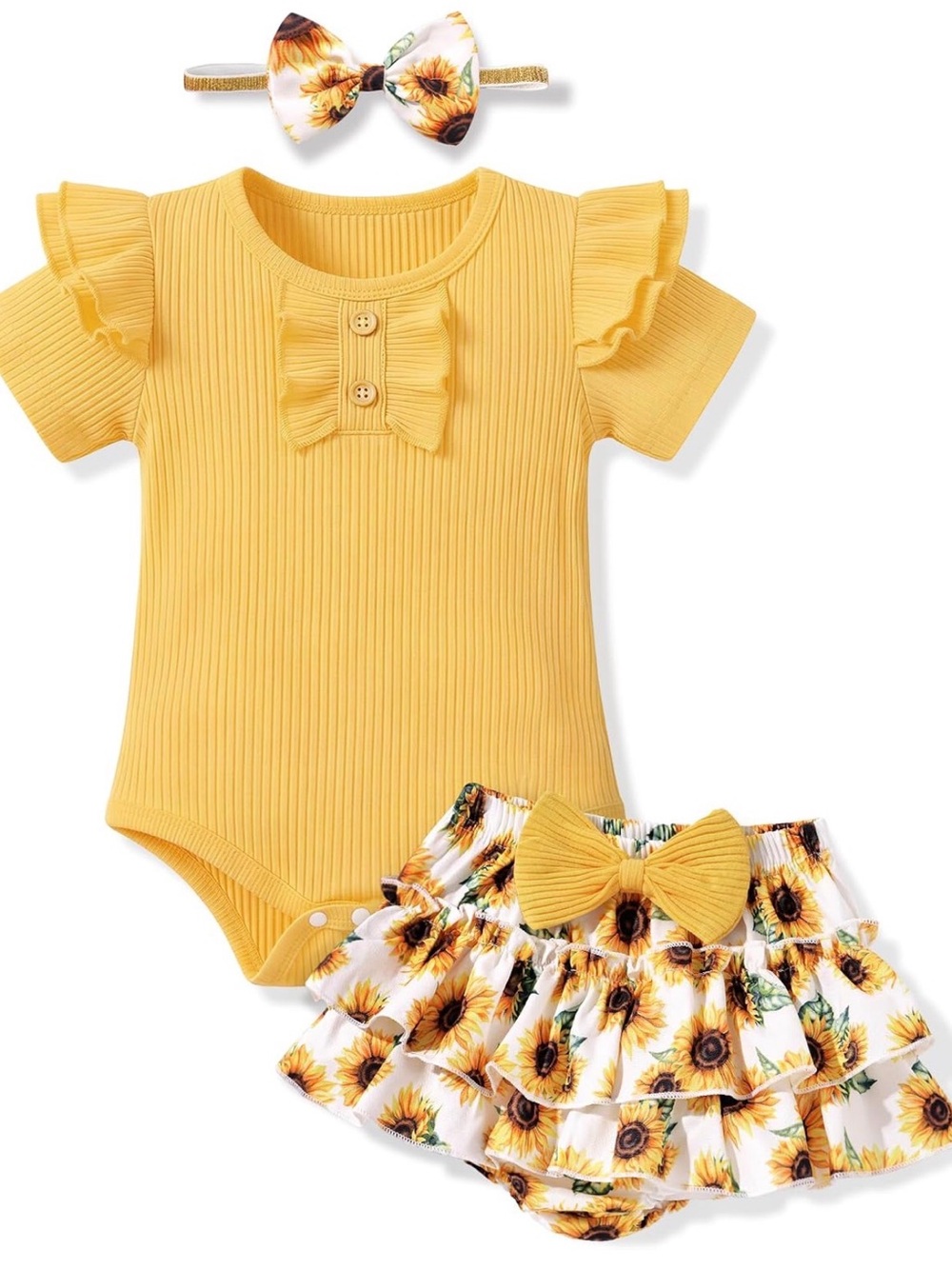 Yellow Sunflower Ruffle Baby Outfit with Headband